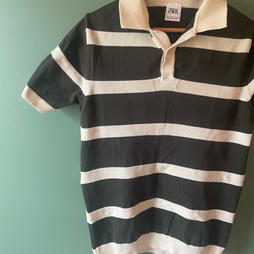 ZARA Men’s Green and Cream Striped Polo Shirt - Picture 4 of 8